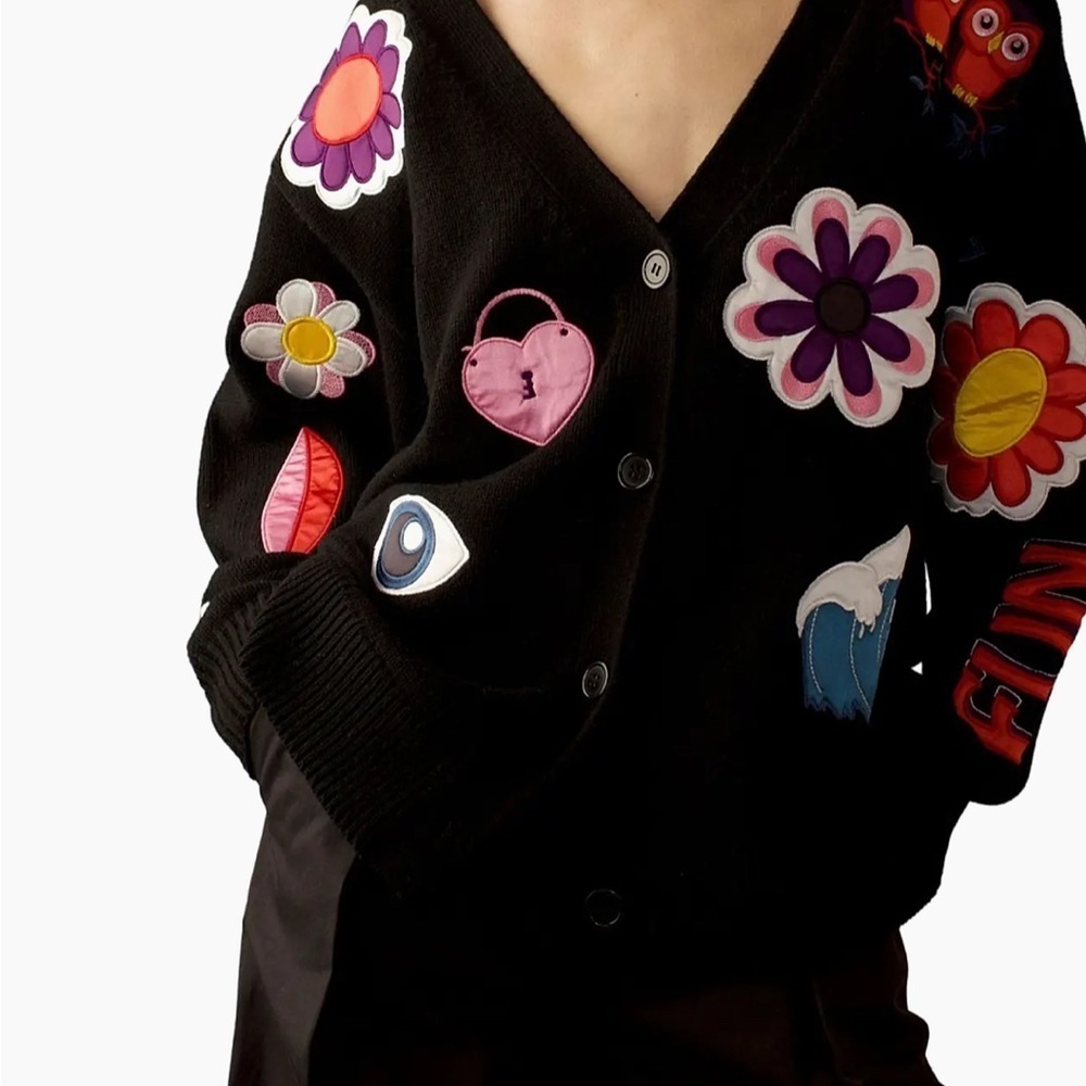 Y2K Cynthia Rowley Black Cardigan with Colorful patches. XS retail $445 - Picture 6 of 6